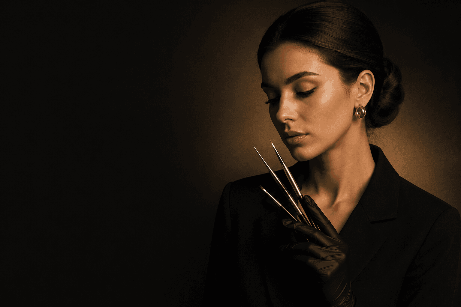 Elegant nail technician in black attire holding nail art brushes, studio portrait