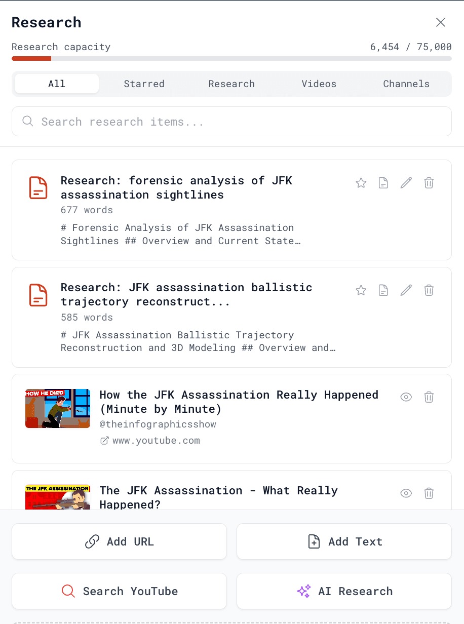 Subscribr's Research Assistant tool, shown on the vendor's own site