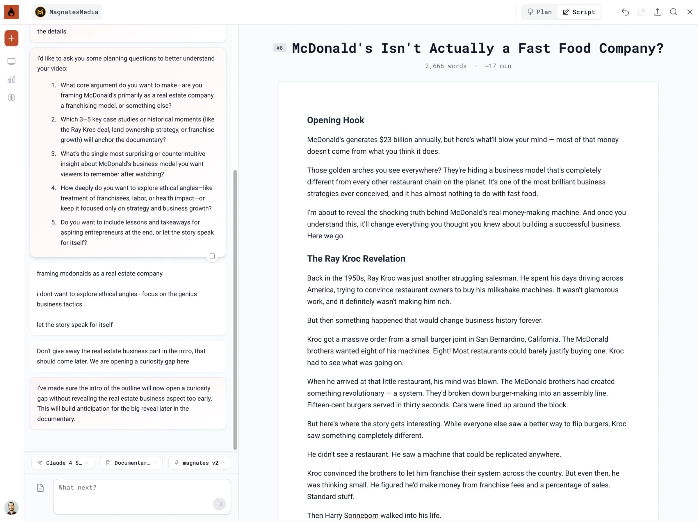 Subscribr's Canvas script editor, shown on the vendor's own site