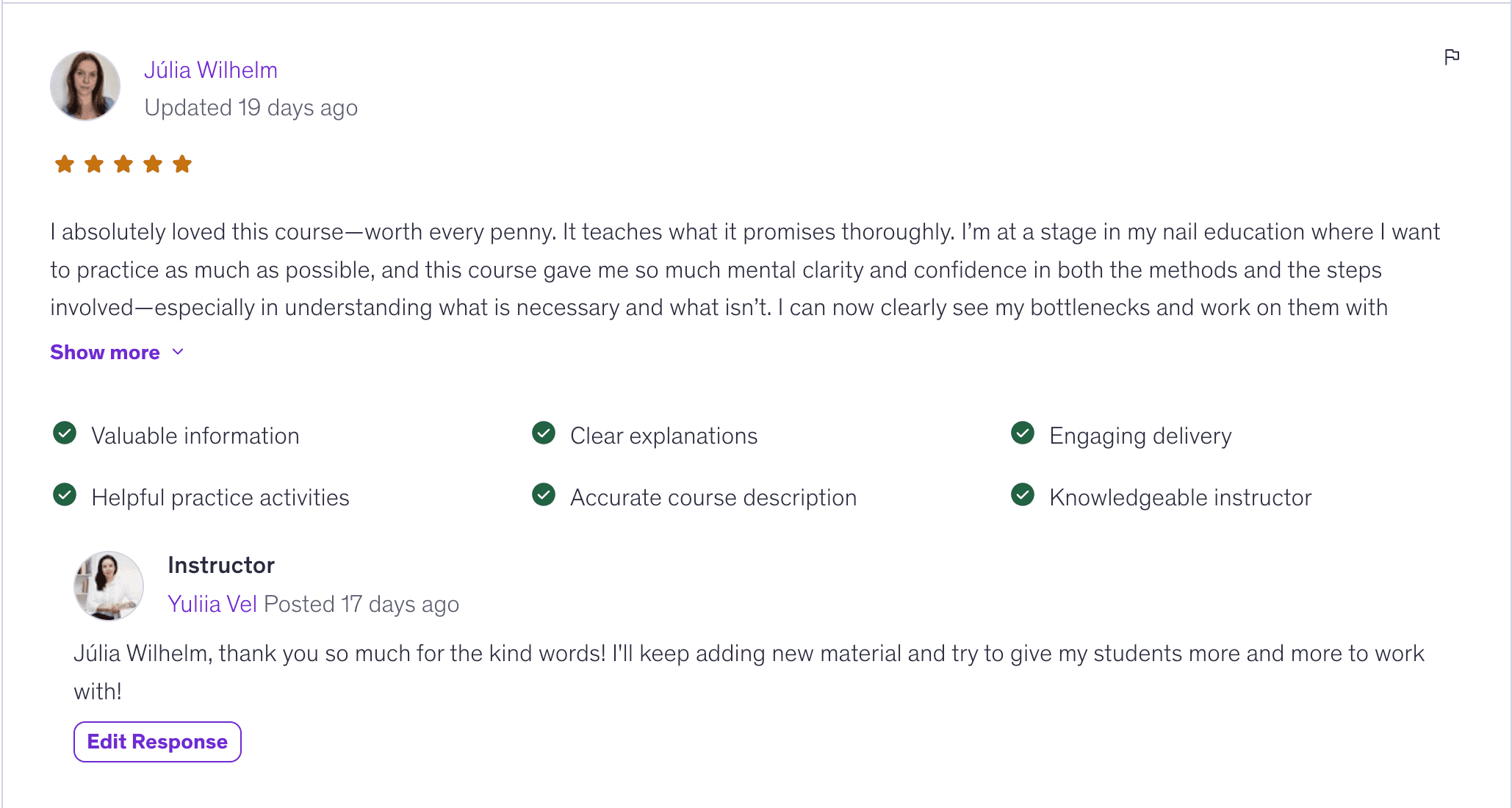 5-star review from Júlia Wilhelm, published on VEL Academy's course page