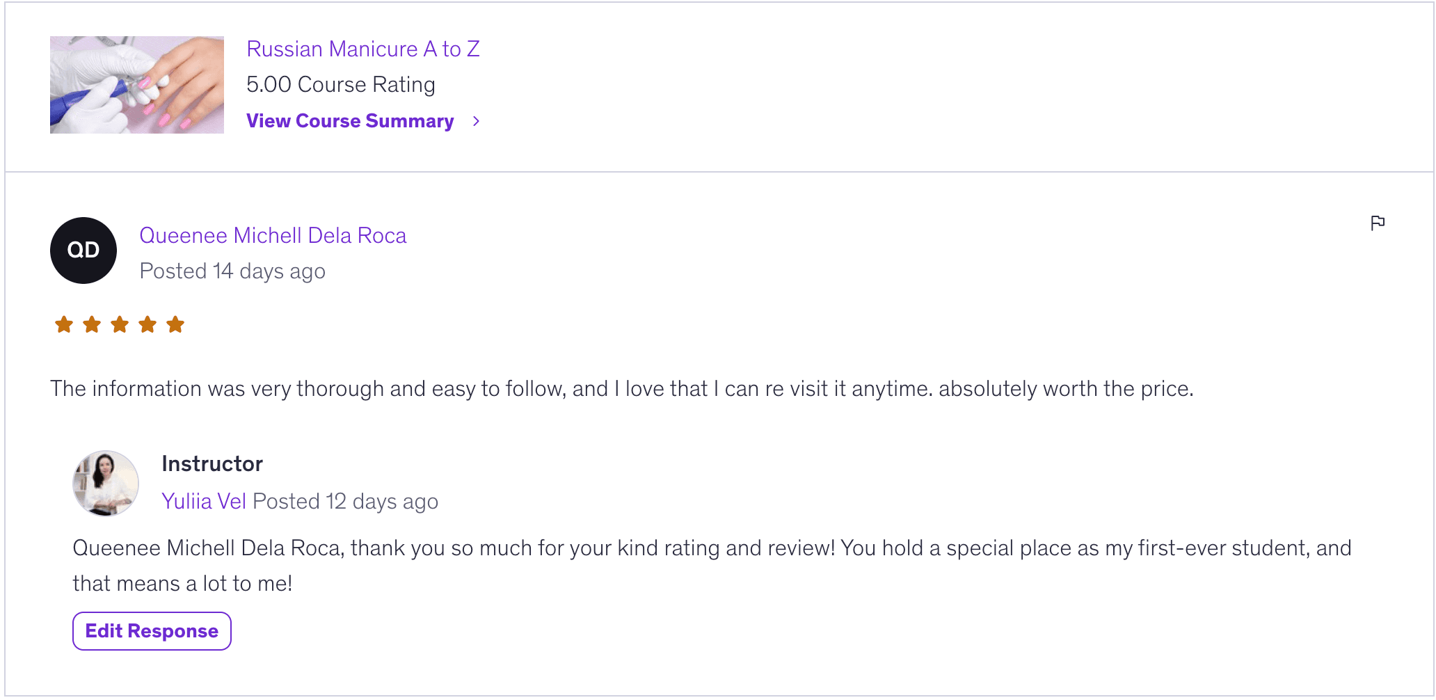 5-star review from Queenee Michell Dela Roca, published on VEL Academy's course page